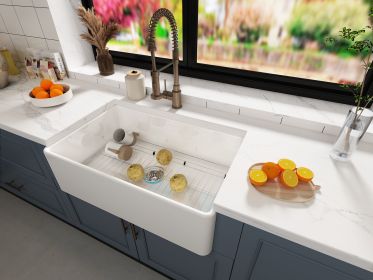 Fireclay Farmhouse Kitchen Sink 33 inch Apron Sink Single Bowl Farm Sink with Bottom Grid in & Drain , White Color