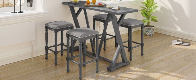 TOPMAX Mid-century Counter Height 5-Piece Dining Set, Wood Console Table with Trestle Legs and 4 Stools for Small Places, Gray