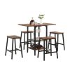 Bar Table and Chairs Set with Glass and Wine Holder for 4, 5 Piece Bar Kitchen Counter Height Table with 4 Stools, Dinner Table Set with Shelves for K