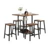 Bar Table and Chairs Set with Glass and Wine Holder for 4, 5 Piece Bar Kitchen Counter Height Table with 4 Stools, Dinner Table Set with Shelves for K