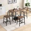 Bar Table and Chairs Set with Glass and Wine Holder for 4, 5 Piece Bar Kitchen Counter Height Table with 4 Stools, Dinner Table Set with Shelves for K