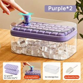 One-button Press Type Ice Mold Box Plastics Ice Cube Maker Ice Tray Mold With Storage Box With Lid Bar Kitchen Accessories (Color: Purple)